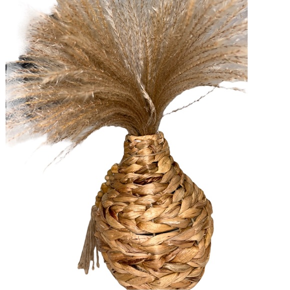 Boho style woven basket vase with wispy feather fillers 10” tall - Picture 8 of 9